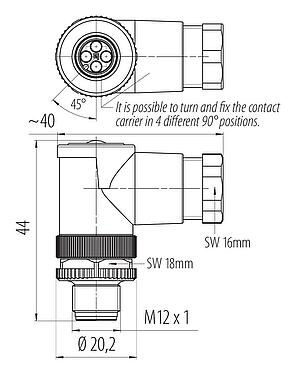 比例图 M12 弯角针头电缆连接器, 极数: 4, 6.0-8.0mm, 非屏蔽, 压接(压接触点必须单独订购), IP67, UL 2238