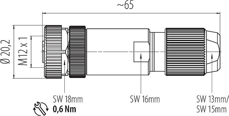 比例图 M12 直头孔头电缆连接器, 极数: 5, 5.0-8.0mm, 可接屏蔽, 笼式弹簧, IP67, 鸢尾花