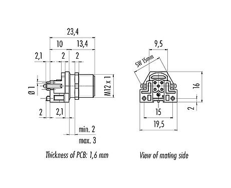 Scale drawing M12 Male panel mount connector, Contacts: 5, shieldable, THR, IP68, UL 2238, M12x1.0, Rear mounting, for PCB assembly