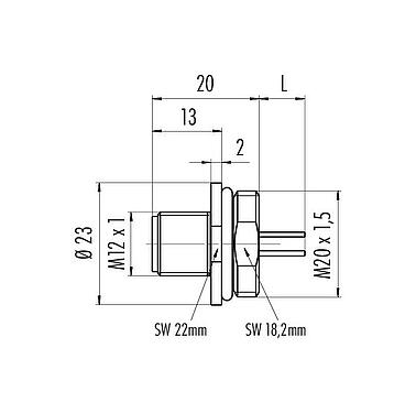 比例图 M12 针头法兰座, 极数: 5, 非屏蔽, 带导线, IP67, UL 2238, M20x1.5, 板前安装