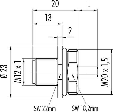 比例图 M12 针头法兰座, 极数: 5, 非屏蔽, 带导线, IP67, UL 2238, M20x1.5, 板前安装