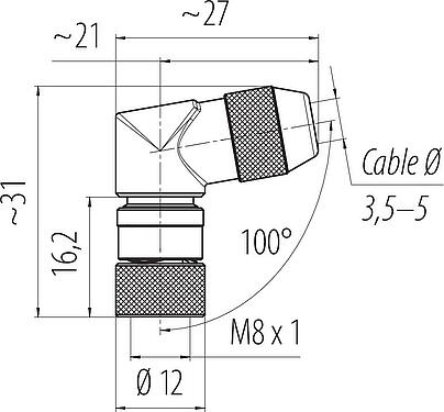 Scale drawing M8 Female angled connector, Contacts: 3, 3.5-5.0 mm, shieldable, solder, IP67, UL 2238