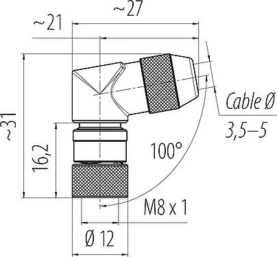 Scale drawing M8 Female angled connector, Contacts: 4, 3.5-5.0 mm, shieldable, solder, IP67, UL 2238