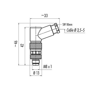 比例图 99 3383 110 04 - M8 弯角针头电缆连接器, 极数: 4, 3.5-5.0mm, 非屏蔽, 螺钉接线, IP67, UL