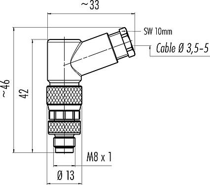 比例图 M8 弯角针头电缆连接器, 极数: 3, 3.5-5.0mm, 非屏蔽, 螺钉接线, IP67, UL 2238
