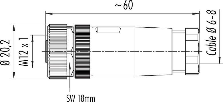 比例图 M12 直头孔头电缆连接器, 极数: 2+PE, 6.0-8.0mm, 非屏蔽, 螺钉接线, IP67, UL 2238
