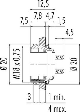 比例图 M16 孔头法兰座, 极数: 5 (05-b), 非屏蔽, 焊接, IP67, UL 2238, M18x0,75, 後壁安裝