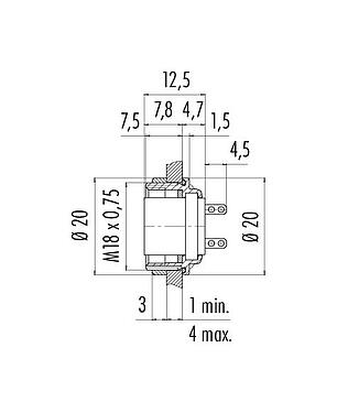 比例图 M16 孔头法兰座, 极数: 5 (05-a), 非屏蔽, 焊接, IP67, UL 2238, M18x0,75, 後壁安裝
