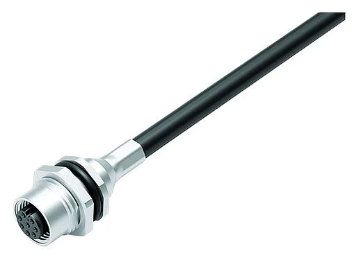 插图 M12 孔头法兰座, 极数: 8, 屏蔽, 法兰座带电缆, IP68, PG 9, PUR, 8x0.25mm², 後壁安裝, 0.5m