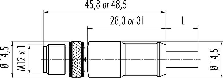 Scale drawing M12 Male cable connector, Contacts: 5, shielded, moulded on the cable, IP67, UL 2238, PUR, black, 5 x 0.25 mm², 2 m