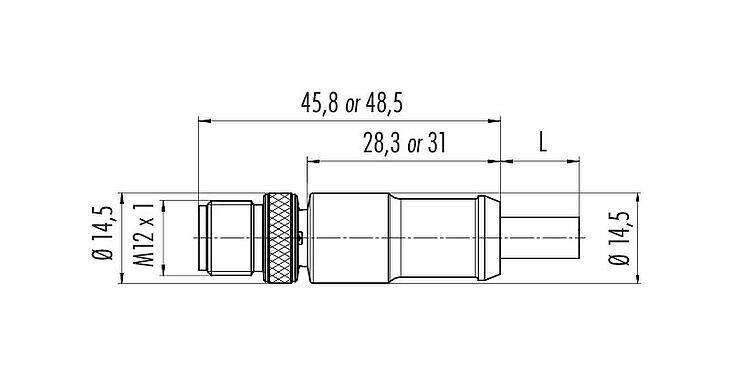 Scale drawing M12 Male cable connector, Contacts: 3, shielded, moulded on the cable, IP67, UL 2238, PUR, black, 3 x 0.34 mm², 5 m