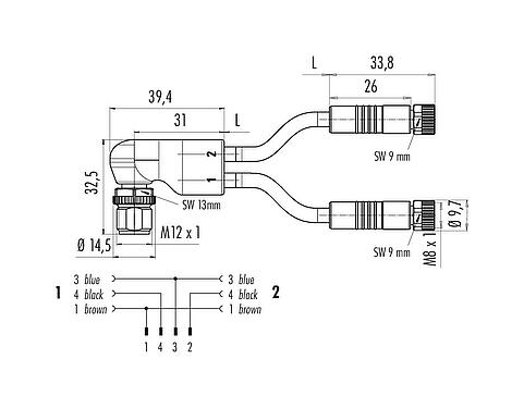 Scale drawing M12/M8 Male angled cable splitter - 2 female cable connectors, Contacts: 4/3, unshielded, moulded on the cable, IP67, UL 2238, PUR, black, 3 x 0.34 mm², 2 m