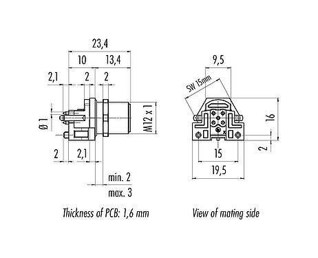Scale drawing M12 Male panel mount connector, Contacts: 5, unshielded, THR, IP68, UL 2238, M12x1.0, Rear mounting, for PCB assembly