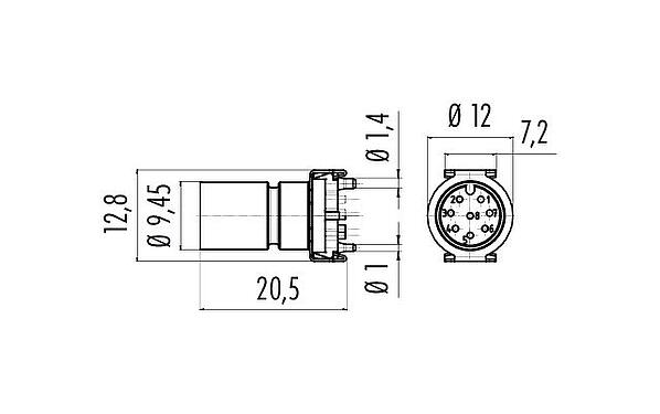 Scale drawing M12 Male receptacle, Contacts: 8, unshielded, SMT, IP67