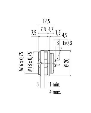 Scale drawing M16 Female panel mount connector, Contacts: 3 (03-a), unshielded, THT, IP67, UL 2238, M18x0,75, Rear mounting