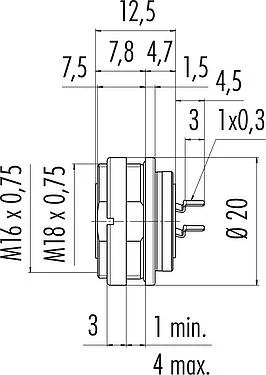 比例图 M16 孔头法兰座, 极数: 6 (06-a), 非屏蔽, THT, IP67, UL 2238, M18x0,75, 後壁安裝