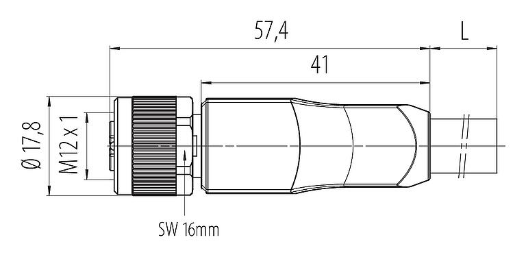 比例图 M12 直头孔头电缆连接器, 极数: 4+FE, 非屏蔽, 预铸电缆, IP68, UL 2238, M12x1.0, PUR, 黑色, 5x1.50mm², 5m