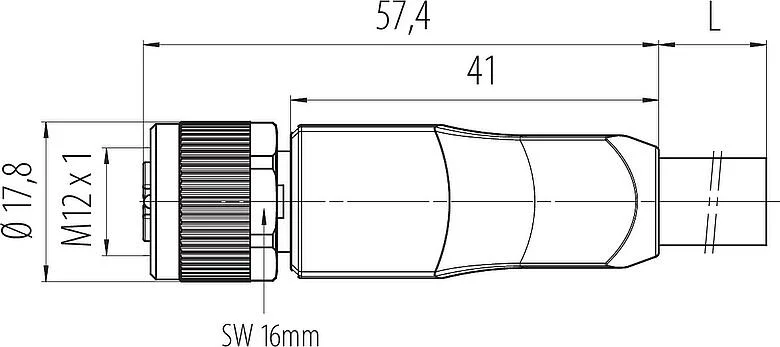 比例图 M12 直头孔头电缆连接器, 极数: 4+FE, 非屏蔽, 预铸电缆, IP68, UL 2238, M12x1.0, PUR, 黑色, 5x2.50mm², 2m