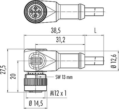 Scale drawing M12 Female angled connector, Contacts: 3, unshielded, moulded on the cable, IP68/IP69K, UL 2238, PUR, orange, 3 x 0.34 mm², for welding applications, 2 m