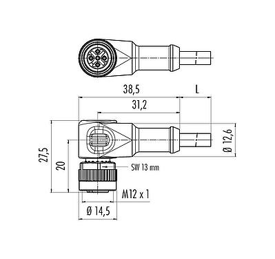 Scale drawing M12 Female angled connector, Contacts: 4, unshielded, moulded on the cable, IP68/IP69K, UL 2238, PUR, orange, 4 x 0.34 mm², for welding applications, 5 m