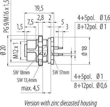 Scale drawing M12 Female panel mount connector, Contacts: 12, unshielded, THT, IP68, UL 2238, M16x1.5, Rear mounting, potted