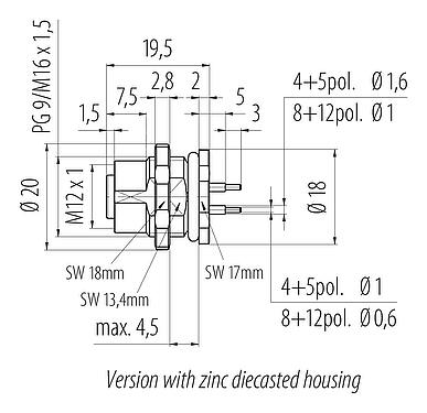 Scale drawing M12 Female panel mount connector, Contacts: 4, unshielded, THT, IP68, UL 2238, M16x1.5, Rear mounting
