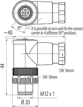 比例图 M12 弯角针头电缆连接器, 极数: 5, 6.0-8.0mm, 非屏蔽, 螺钉接线, IP67, UL 2238