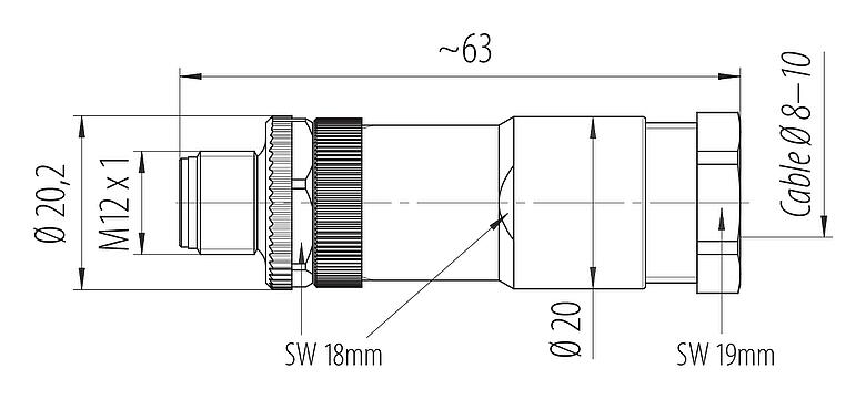 比例图 99 0629 19 04 - M12 直头针头电缆连接器, 极数: 4, 8.0-10.0mm, 非屏蔽, 螺钉接线, IP67, UL 2238, VDE