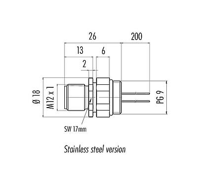 Scale drawing 76 2731 0111 00005-0200 - M12 Male panel mount connector, Contacts: 5, unshielded, single wires, IP68, UL, PG 9, stainless steel, positionable