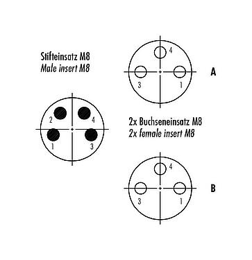 Contact arrangement (Plug-in side) M8 Twin distributors Y-distributor, male connector - 2 female connector, Contacts: 4/3, unshielded, pluggable, IP67, UL 2238