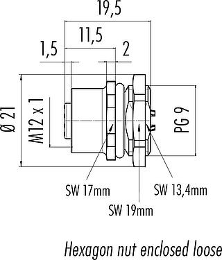 Scale drawing M12 Female panel mount connector, Contacts: 4, unshielded, solder, IP67, UL 2238, PG 9, Front mounting