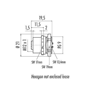 Scale drawing M12 Female panel mount connector, Contacts: 8, unshielded, solder, IP67, UL 2238, PG 9, Front mounting
