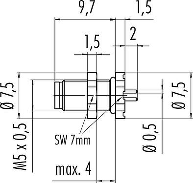 Scale drawing M5 Male panel mount connector, Contacts: 4, unshielded, THT, IP67, UL 2238, M5x0.5, Rear mounting, potted