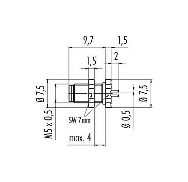 Scale drawing M5 Male panel mount connector, Contacts: 4, unshielded, THT, IP67, M5x0.5, Rear mounting, potted