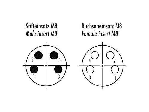 Contact arrangement (Plug-in side) M8 Lead-through for control cabinet, Contacts: 4, shielded, pluggable, IP67, M8x1.0, Rear mounting, potted