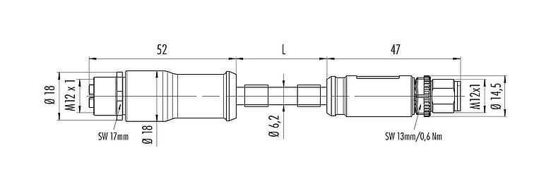 Scale drawing M12 Connecting cable male cable connector - female cable connector, Contacts: 8, shielded, moulded on the cable, IP67, UL, PUR, green, AWG 26/7, 2 m
