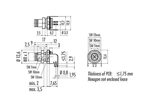 Scale drawing 86 6321 1121 00404 - M8 Male angled panel mount connector, Contacts: 4, shieldable, THT, IP67