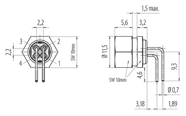 Connection & dimensions 09 0082 32 04 - M9 Female angled panel mount connector, Contacts: 4, unshielded, THT, IP40