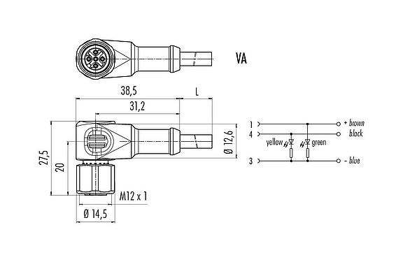 比例图 M12 弯角孔头电缆连接器, 极数: 3, 非屏蔽, 预铸电缆, IP68/IP69K, UL 2238, PUR, 黑色, 3x0.34mm², 带LED的PNP, 不锈钢, 2m