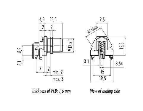 Scale drawing M12 Male angled panel mount connector, Contacts: 5, unshielded, THR, IP67, UL 2238, Rear mounting, two-part design