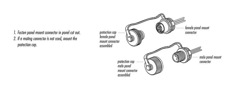 Assembly instructions M12 Male panel mount connector, Contacts: 5, unshielded, single wires, IP68/IP69K, M16x1.5, Front mounting, for outdoor, UV resistant, potted