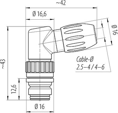 比例图 Snap-in 快插 弯角孔头电缆连接器, 极数: 5, 4.0-6.0mm, 非屏蔽, 焊接, IP67