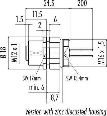 Scale drawing M12 Female panel mount connector, Contacts: 4, unshielded, single wires, IP68/IP69K, UL 2238, M16x1.5, Front mounting, Positionable coding alignment