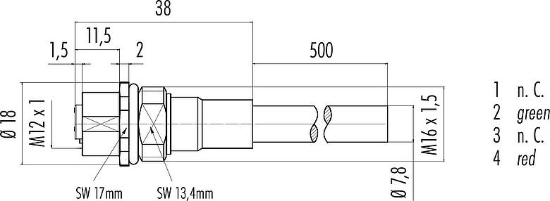 比例图 M12 孔头法兰座, 极数: 2, 屏蔽, 法兰座带电缆, IP68, M16x1.5, Profibus, PUR, 紫色, 1x2x0.25mm², 板前安装, 0.5m