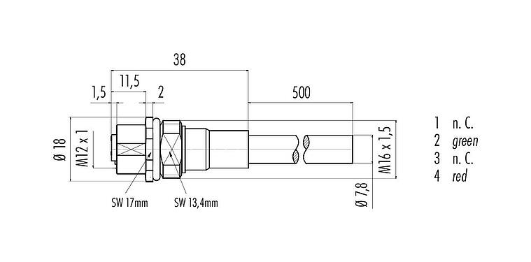 比例图 M12 孔头法兰座, 极数: 2, 屏蔽, 法兰座带电缆, IP68, M16x1.5, Profibus, PUR, 紫色, 1x2x0.25mm², 板前安装, 0.5m