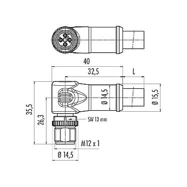 比例图 77 0627 0000 50704-0200 - M12 弯角针头电缆连接器, 极数: 4, 非屏蔽, 预铸电缆, IP68, PUR, 黑色, 4x1.50mm², 2m
