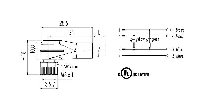 Scale drawing 77 3608 0000 20004-0200 - M8 Female angled connector, Contacts: 4, unshielded, moulded on the cable, IP67, UL, PVC, grey, 4 x 0.34 mm², 2 m