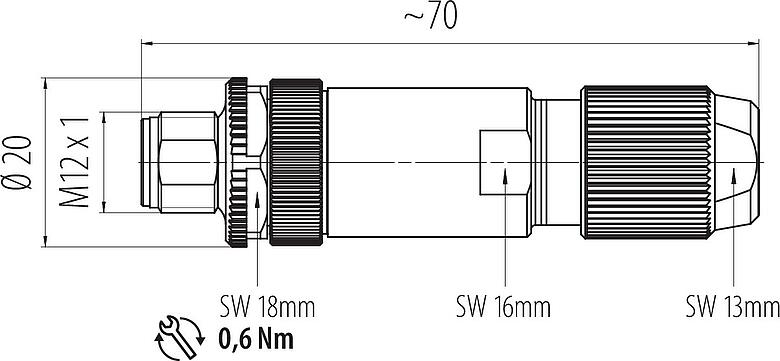 比例图 M12 直头针头电缆连接器, 极数: 4, 5.0-8.0mm, 可接屏蔽, 笼式弹簧, IP67, 鸢尾花