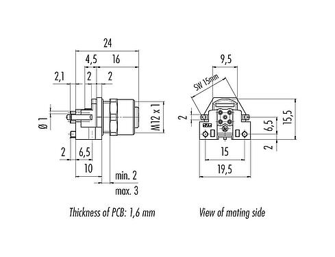比例图 M12 孔头法兰座, 极数: 5, 可接屏蔽, THR, IP68, UL 2238, M12x1.0, 板前安装, 用于PCB组装