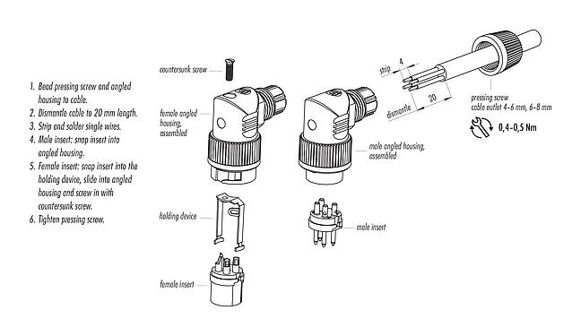 Assembly instructions 99 0601 70 02 - Bayonet Male angled connector, Contacts: 2, 4.0-6.0 mm, unshielded, solder, IP40